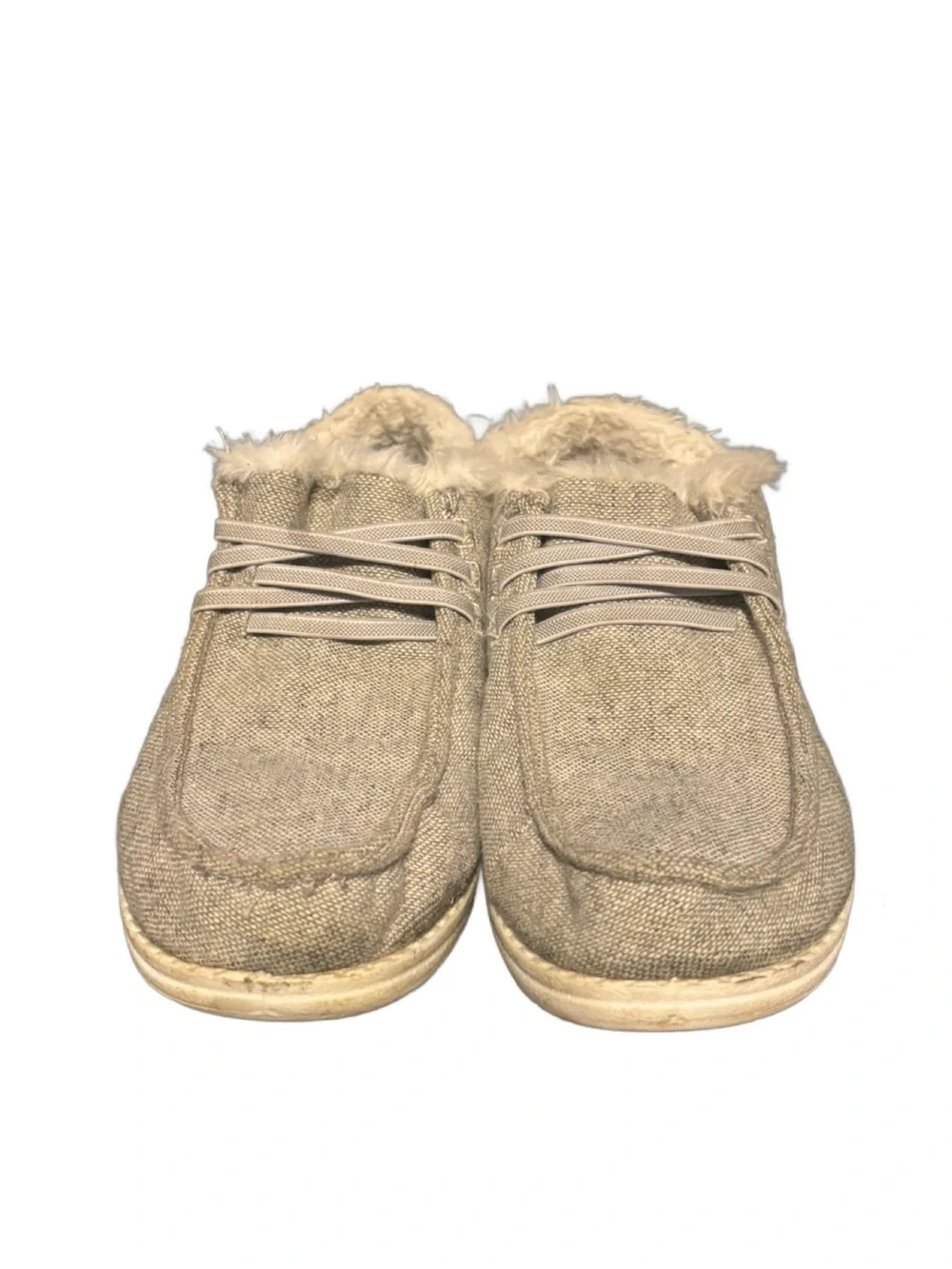 Tommy Bahama Beige Faux-Fur Lined Slip-On Loafers with Aztec Heel Accent